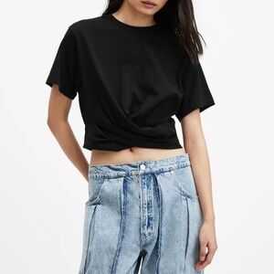 All Saints Black Crop Twisted Front Hem T-Shirt